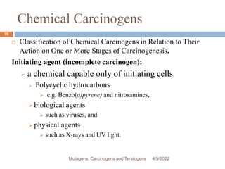 Chemical Carcinogens
70
 Classification of Chemical Carcinogens in Relation to Their
Action on One or More Stages of Carcinogenesis.
Initiating agent (incomplete carcinogen):
 a chemical capable only of initiating cells.
 Polycyclic hydrocarbons
 e.g. Benzo(a)pyrene) and nitrosamines,
 biological agents
 such as viruses, and
 physical agents
 such as X-rays and UV light.
4/5/2022
Mutagens, Carcinogens and Teratogens
 