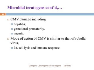 Microbial teratogens cont’d,…
 CMV damage including
 hepatitis,
 gestational prematurity,
 anemia.
 Mode of action of CMV is similar to that of rubella
virus,
 i.e. cell lysis and immune response.
4/5/2022
Mutagens, Carcinogens and Teratogens
94
 