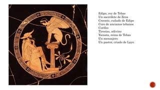 Edipo, rey de Tebas
Un sacerdote de Zeus
Creonte, cuñado de Edipo
Coro de ancianos tebanos
Corifeo
Tiresias, adivino
Yocasta, reina de Tebas
Un mensajero
Un pastor, criado de Layo
 