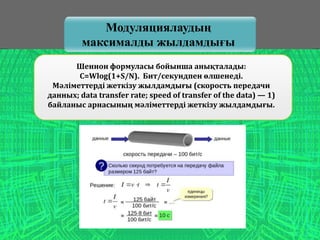 Шеннон формуласы бойынша анықталады:
C=Wlog(1+S/N). Бит/секундпен өлшенеді.
Мәліметтерді жеткізу жылдамдығы (скорость передачи
данных; data transfer rate; speed of transfer of the data) — 1)
байланыс арнасының мәліметтерді жеткізу жылдамдығы.
Модуляциялаудың
максималды жылдамдығы
 