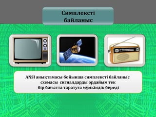 Симплексті
байланыс
ANSI анықтамасы бойынша симплексті байланыс
схемасы сигналдарды әрдайым тек
бір бағытта таратуға мүмкіндік береді
 