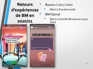 Retours
d’expériences
de BM en
2020/21
• Bayeux / Les 7 Lieux
• Merci à Eva Garrouste
• BMI Epinal
• Merci à Camille Berzo...