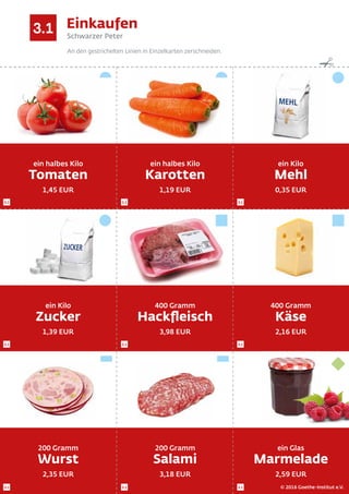 Einkaufen
Schwarzer Peter
An den gestrichelten Linien in Einzelkarten zerschneiden.
3.1
✁
ein halbes Kilo
Tomaten
1,45 EUR...