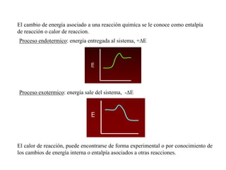 Proceso endotermico: energía entregada al sistema, +∆E
Proceso exotermico: energía sale del sistema, -∆E
El calor de reacción, puede encontrarse de forma experimental o por conocimiento de
los cambios de energía interna o entalpía asociados a otras reacciones.
El cambio de energía asociado a una reacción quimíca se le conoce como entalpía
de reacción o calor de reaccion.
 