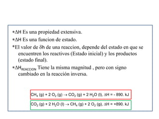 *DH Es una propiedad extensiva.
*DH Es una funcion de estado.
*El valor de dh de una reaccion, depende del estado en que se
encuentren los reactivos (Estado inicial) y los productos
(estado final).
*DHREACCION Tiene la misma magnitud , pero con signo
cambiado en la reacción inversa.
CH4 (g) + 2 O2 (g)  CO2 (g) + 2 H2O (l), DH = - 890. kJ
CO2 (g) + 2 H2O (l)  CH4 (g) + 2 O2 (g), DH = +890. kJ
 
