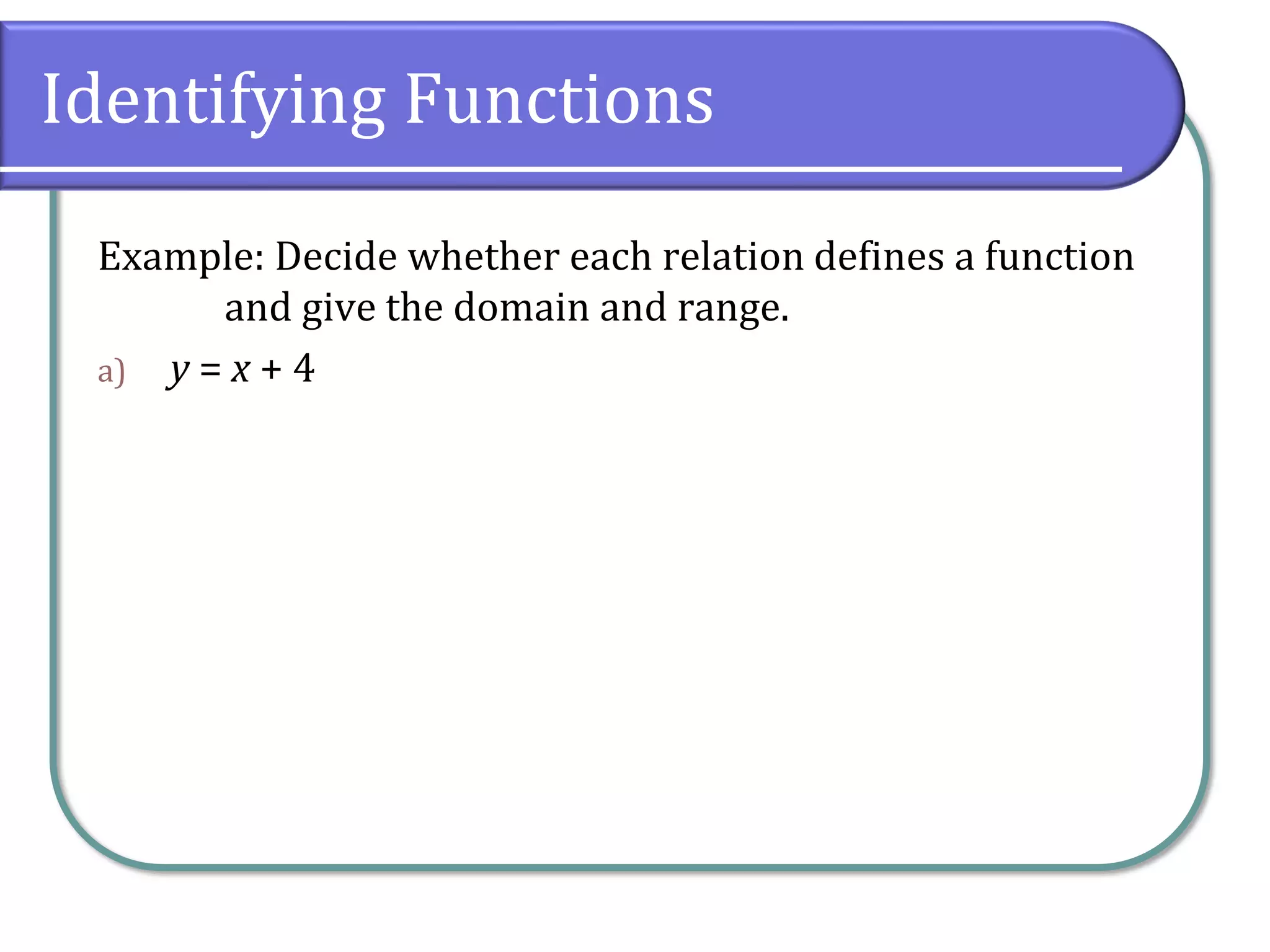 Identifying Functions
Example: Decide whether each relation defines a function
and give the domain and range.
a) y = x + 4
 