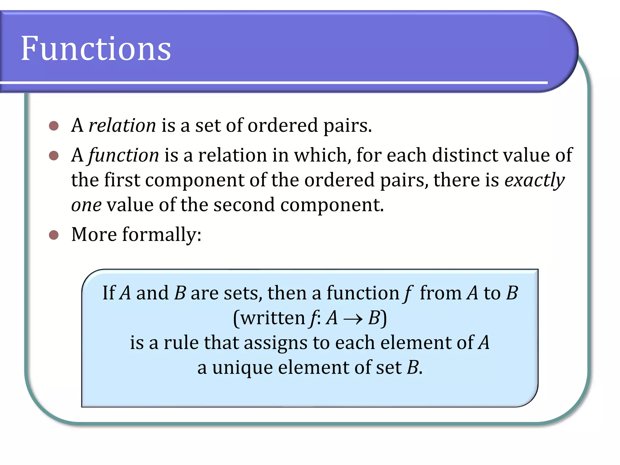 Functions
⚫ A relation is a set of ordered pairs.
⚫ A function is a relation in which, for each distinct value of
the first component of the ordered pairs, there is exactly
one value of the second component.
⚫ More formally:
If A and B are sets, then a function f from A to B
(written f: A → B)
is a rule that assigns to each element of A
a unique element of set B.
 