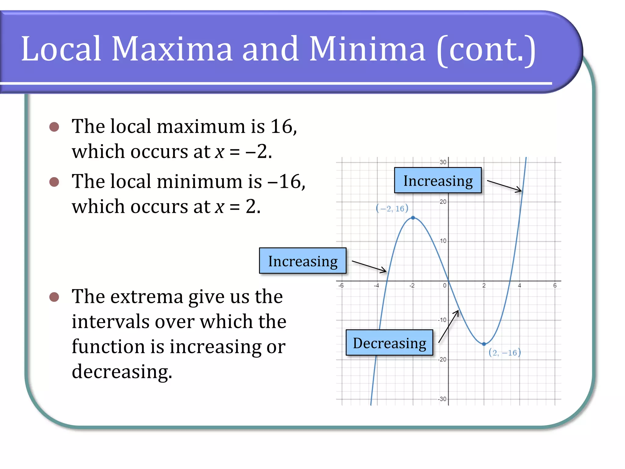 Local Maxima and Minima (cont.)
⚫ The local maximum is 16,
which occurs at x = ‒2.
⚫ The local minimum is ‒16,
which occurs at x = 2.
⚫ The extrema give us the
intervals over which the
function is increasing or
decreasing.
Increasing
Increasing
Decreasing
 