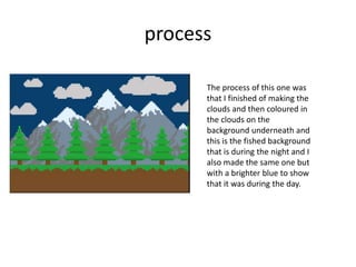 process
The process of this one was
that I finished of making the
clouds and then coloured in
the clouds on the
background underneath and
this is the fished background
that is during the night and I
also made the same one but
with a brighter blue to show
that it was during the day.
 