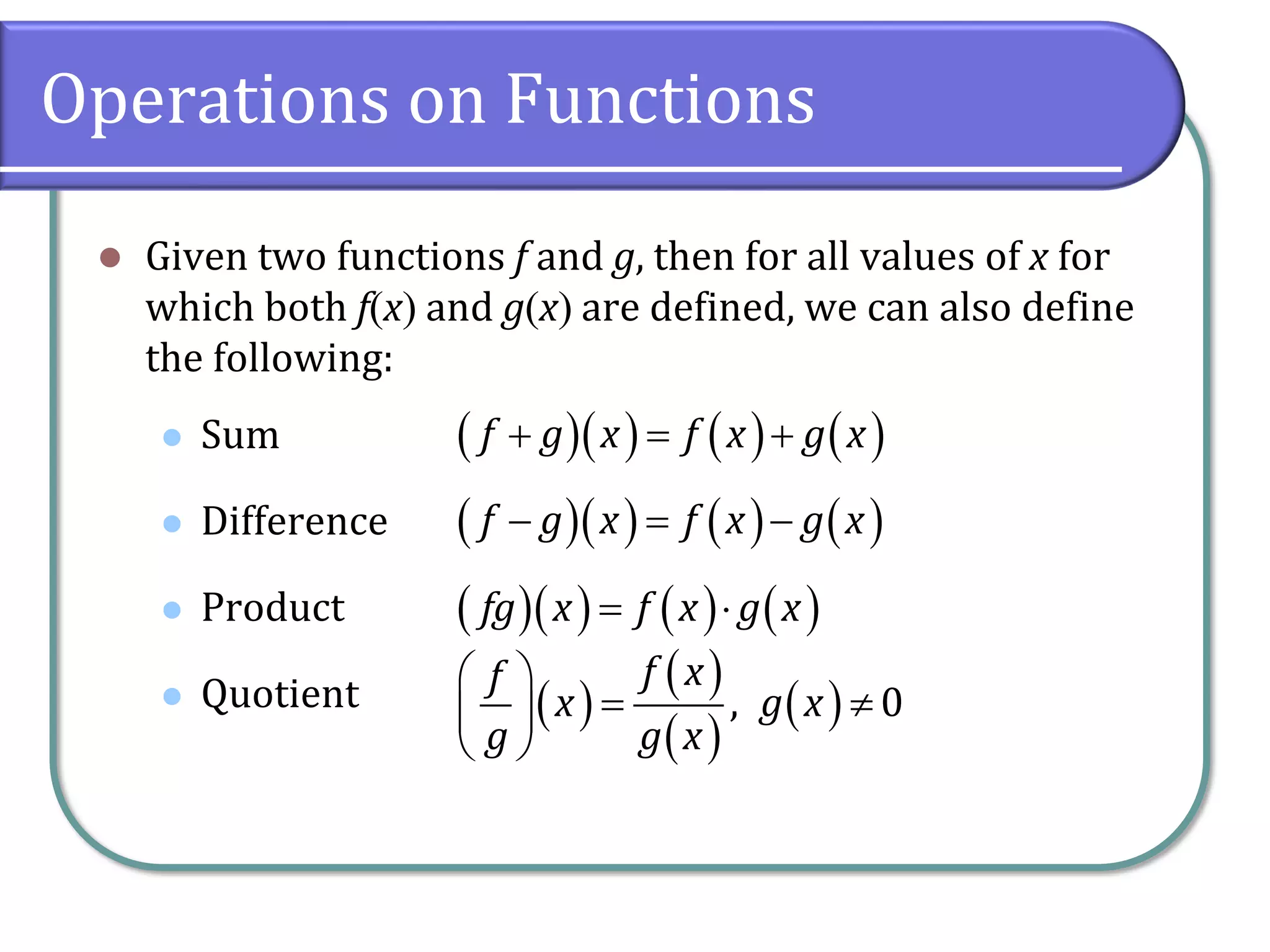 Operations on Functions
⚫ Given two functions f and g, then for all values of x for
which both f(x) and g(x) are defined, we can also define
the following:
⚫ Sum
⚫ Difference
⚫ Product
⚫ Quotient
( )( ) ( ) ( )
f g x f x g x
+ = +
( )( ) ( ) ( )
f g x f x g x
− = −
( )( ) ( ) ( )
fg x f x g x
= 
( )
( )
( )
( )
, 0
f x
f
x g x
g g x
 
= 
 
 
 