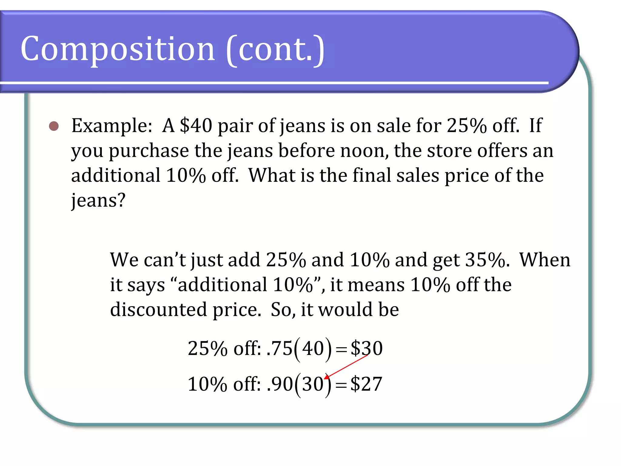 Composition (cont.)
⚫ Example: A $40 pair of jeans is on sale for 25% off. If
you purchase the jeans before noon, the store offers an
additional 10% off. What is the final sales price of the
jeans?
We can’t just add 25% and 10% and get 35%. When
it says “additional 10%”, it means 10% off the
discounted price. So, it would be
( )
( )
25% off: .75 40 $30
10% off: .90 30 $27
=
=
 