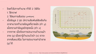- โดยทั่วไปการทานาย ทาได้ 2 วิธีคือ
1. ใช้กราฟ
2. ใช้สมการเส้นตรง y=mx+c
- เมื่อข้อมูล 2 ชุด มีความสัมพันธ์เชิงเส้นกัน
เราสามารถทานายข้อมูลที่เราสนใจ (ค่า y)
เมื่อทราบค่าข้อมูลอีกชุดหนึ่ง (ค่า x)
- จากภาพ เมื่อต้องการประมาณจานวนม้า
ลาย (y) เมื่อเรารู้จานวนวัวป่า (x) เราจะ
ลากเส้นแนวโน้ม ในการประมาณค่าม้าลาย
(y) ได้
Youtube เดอะโกโก้ทีชชิ่ง - https://www.youtube.com/channel/UC9cMSHw5r2-rB8ajMWx9nmA
 