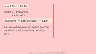 𝑦 = 1.58𝑥 − 62.44
เนื่องจาก y = จานวนม้าลาย
x = จานวนวัวป่า
จานวนม้าลาย = 1.58(จานวนวัวป่า) − 62.44
สมการเส้นตรงนี้อธิบายได้ว่า จานวนม้าลาย (y) เท่ากับ
1.58 เท่าของจานวนวัวป่า บวกกับ -62.44 (หรือลบ
62.44)
Youtube เดอะโกโก้ทีชชิ่ง - https://www.youtube.com/channel/UC9cMSHw5r2-rB8ajMWx9nmA
 
