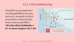 3.2.2 การทานายเชิงหมวดหมู่
- นาข้อมูลที่มีการระบุหมวดหมู่ในอดีตมา
ทานายข้อมูลชุดใหม่ที่ไม่ทราบหมวดหมู่
- เช่นทานายว่า ฝนตกหรือไม่ (ตก/ไม่ตก)
ประเภทเครื่องดื่ม (น้าอัดลม/น้าผลไม้)
- เทคนิคการจัดหมวดหมู่ที่จะใช้ชื่อว่า
“วิธีการค้นหาเพื่อนบ้านใกล้เคียงที่สุด K
ตัว” (K-Nearest Neighbors หรือ K-NN)
เครื่องดื่มใหม่ที่จะทานาย
Youtube เดอะโกโก้ทีชชิ่ง - https://www.youtube.com/channel/UC9cMSHw5r2-rB8ajMWx9nmA
 
