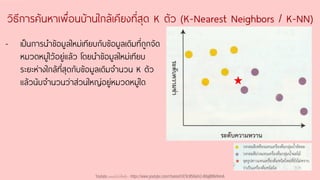 วิธีการค้นหาเพื่อนบ้านใกล้เคียงที่สุด K ตัว (K-Nearest Neighbors / K-NN)
- เป็นการนาข้อมูลใหม่เทียบกับข้อมูลเดิมที่ถูกจัด
หมวดหมู่ไว้อยู่แล้ว โดยนาข้อมูลใหม่เทียบ
ระยะห่างใกล้ที่สุดกับข้อมูลเดิมจานวน K ตัว
แล้วนับจานวนว่าส่วนใหญ่อยู่หมวดหมู่ใด
Youtube เดอะโกโก้ทีชชิ่ง - https://www.youtube.com/channel/UC9cMSHw5r2-rB8ajMWx9nmA
 