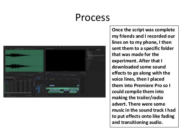 Process
Once the script was complete
my friends and I recorded our
lines on to my phone, I then
sent them to a specific folder
that was made for the
experiment. After that I
downloaded some sound
effects to go along with the
voice lines, then I placed
them into Premiere Pro so I
could compile them into
making the trailer/radio
advert. There were some
music in the sound track I had
to put effects onto like fading
and transitioning audio.
 