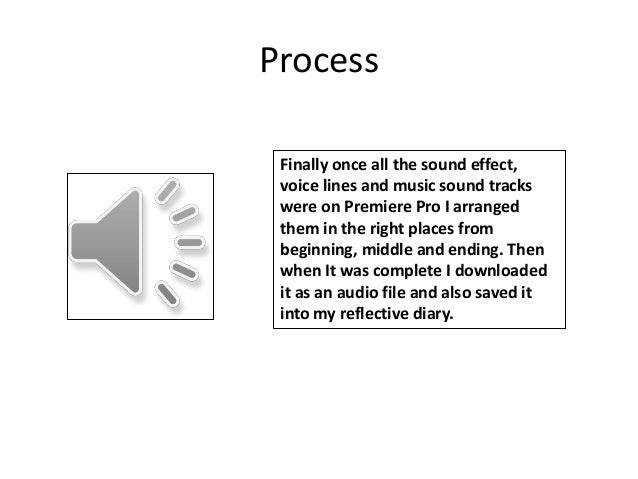 Process
Finally once all the sound effect,
voice lines and music sound tracks
were on Premiere Pro I arranged
them in the right places from
beginning, middle and ending. Then
when It was complete I downloaded
it as an audio file and also saved it
into my reflective diary.
 
