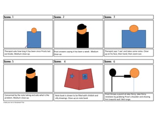 1 3
4
2
5 6
Therapist asks how long it has been since Prosts last
out-brake. Medium close-up.
Therapist says ‘I see’ and takes some notes. Close
up on his face, then hand, then zoom-out.
Prost answers saying it has been a week . Medium
close-up.
Concerned by the note taking and asks what is the
problem. Medium close-up.
Note book is shown to be filled with childish and
silly drawings. Close up on note book
Prost throws a punch at Jake Percy. Jake Percy
retaliates by grabbing Prost's shoulder and shoving
him towards wall. Mid range.
 