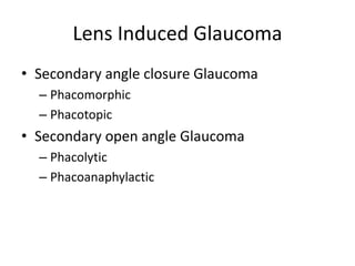 Lens Induced Glaucoma
• Secondary angle closure Glaucoma
– Phacomorphic
– Phacotopic
• Secondary open angle Glaucoma
– Phacolytic
– Phacoanaphylactic
 
