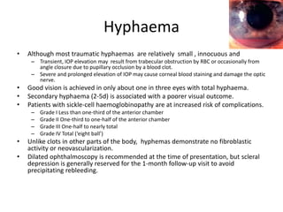Hyphaema
• Although most traumatic hyphaemas are relatively small , innocuous and
– Transient, IOP elevation may result from trabecular obstruction by RBC or occasionally from
angle closure due to pupillary occlusion by a blood clot.
– Severe and prolonged elevation of IOP may cause corneal blood staining and damage the optic
nerve.
• Good vision is achieved in only about one in three eyes with total hyphaema.
• Secondary hyphaema (2-5d) is associated with a poorer visual outcome.
• Patients with sickle-cell haemoglobinopathy are at increased risk of complications.
– Grade I Less than one-third of the anterior chamber
– Grade II One-third to one-half of the anterior chamber
– Grade III One-half to nearly total
– Grade IV Total (‘eight ball’)
• Unlike clots in other parts of the body, hyphemas demonstrate no fibroblastic
activity or neovascularization.
• Dilated ophthalmoscopy is recommended at the time of presentation, but scleral
depression is generally reserved for the 1-month follow-up visit to avoid
precipitating rebleeding.
 