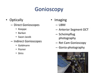 Gonioscopy
• Optically
– Direct Gonioscopes
• Koeppe
• Barkan
• Swan-Jacob
– Indirect Gonioscopes
• Goldmann
• Posner
• Zeiss
• Imaging
– UBM
– Anterior Segment OCT
– Scheimpflug
photography
– Ret Cam Gonioscopy
– Gonio-photography
 