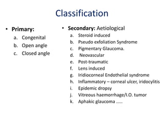 Classification
• Primary:
a. Congenital
b. Open angle
c. Closed angle
• Secondary: Aetiological
a. Steroid induced
b. Pseudo exfoliation Syndrome
c. Pigmentary Glaucoma.
d. Neovascular
e. Post-traumatic
f. Lens induced
g. Iridiocorneal Endothelial syndrome
h. Inflammatory – corneal ulcer, iridocylitis
i. Epidemic dropsy
j. Vitreous haemorrhage/I.O. tumor
k. Aphakic glaucoma .....
 