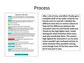 Process
After a bit of time and effort I finally got a
complete draft of my trailer script for my
friends and I to read off. I labelled the
different voice lines in various colours to
help tell the differences between the
characters that me and friends acted out.
Thanks to the high lighter tool, I could
distinguish what characters there were
and who would play them. The reason I
high lighted the characters is so my voice
actors wouldn’t get confused and lost on
what character they would be voicing,
even though most of the lines were mine
but It was just in case.
 