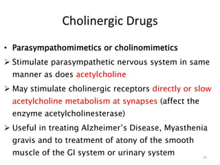 Cholinergic Drugs
• Parasympathomimetics or cholinomimetics
 Stimulate parasympathetic nervous system in same
manner as does acetylcholine
 May stimulate cholinergic receptors directly or slow
acetylcholine metabolism at synapses (affect the
enzyme acetylcholinesterase)
 Useful in treating Alzheimer’s Disease, Myasthenia
gravis and to treatment of atony of the smooth
muscle of the GI system or urinary system 25
 