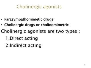 Cholinergic agonists
• Parasympathomimetic drugs
• Cholinergic drugs or cholinomimetric
Cholinergic agonists are two types :
1.Direct acting
2.Indirect acting
31
 