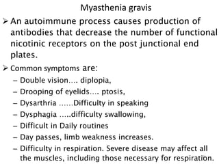 Myasthenia gravis
 An autoimmune process causes production of
antibodies that decrease the number of functional
nicotinic receptors on the post junctional end
plates.
 Common symptoms are:
– Double vision…. diplopia,
– Drooping of eyelids…. ptosis,
– Dysarthria ……Difficulty in speaking
– Dysphagia …..difficulty swallowing,
– Difficult in Daily routines
– Day passes, limb weakness increases.
– Difficulty in respiration. Severe disease may affect all
the muscles, including those necessary for respiration.
46
 