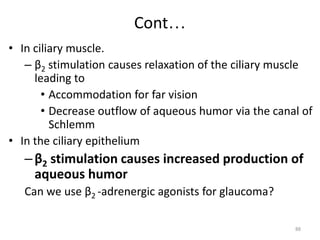 Cont…
• In ciliary muscle.
– β2 stimulation causes relaxation of the ciliary muscle
leading to
• Accommodation for far vision
• Decrease outflow of aqueous humor via the canal of
Schlemm
• In the ciliary epithelium
–β2 stimulation causes increased production of
aqueous humor
Can we use β2 -adrenergic agonists for glaucoma?
88
 