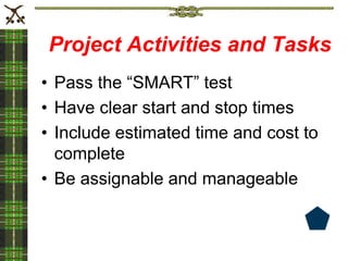 Project Activities and Tasks
• Pass the “SMART” test
• Have clear start and stop times
• Include estimated time and cost to
complete
• Be assignable and manageable
 