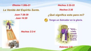 Efesios 1:20b-21
La Venida del Espíritu Santo.
Juan 7:38-39
Juan 14:20
Hechos 2:3-4
Hechos 2:32-33
Hechos 2:36
¿Qué significa esto para mí?
Tengo un Salvador en la gloria.
Hebreos 2:9
 