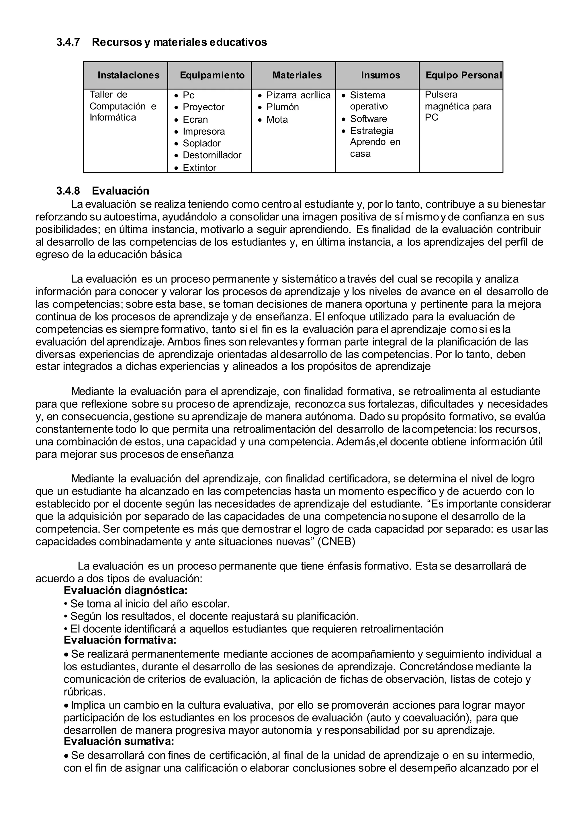 3.4.7 Recursos y materiales educativos
Instalaciones Equipamiento Materiales Insumos Equipo Personal
Taller de
Computación e
Informática
 Pc
 Proyector
 Ecran
 Impresora
 Soplador
 Destornillador
 Extintor
 Pizarra acrílica
 Plumón
 Mota
 Sistema
operativo
 Software
 Estrategia
Aprendo en
casa
Pulsera
magnética para
PC
3.4.8 Evaluación
La evaluación se realiza teniendo como centroal estudiante y, por lo tanto, contribuye a su bienestar
reforzando su autoestima, ayudándolo a consolidar una imagen positiva de sí mismoy de confianza en sus
posibilidades; en última instancia, motivarlo a seguir aprendiendo. Es finalidad de la evaluación contribuir
al desarrollo de las competencias de los estudiantes y, en última instancia, a los aprendizajes del perfil de
egreso de la educación básica
La evaluación es un proceso permanente y sistemático a través del cual se recopila y analiza
información para conocer y valorar los procesos de aprendizaje y los niveles de avance en el desarrollo de
las competencias; sobre esta base, se toman decisiones de manera oportuna y pertinente para la mejora
continua de los procesos de aprendizaje y de enseñanza. El enfoque utilizado para la evaluación de
competencias es siempre formativo, tanto si el fin es la evaluación para el aprendizaje comosi es la
evaluación del aprendizaje. Ambos fines son relevantesy forman parte integral de la planificación de las
diversas experiencias de aprendizaje orientadas aldesarrollo de las competencias. Por lo tanto, deben
estar integrados a dichas experiencias y alineados a los propósitos de aprendizaje
Mediante la evaluación para el aprendizaje, con finalidad formativa, se retroalimenta al estudiante
para que reflexione sobre su proceso de aprendizaje, reconozca sus fortalezas, dificultades y necesidades
y, en consecuencia,gestione su aprendizaje de manera autónoma. Dado su propósito formativo, se evalúa
constantemente todo lo que permita una retroalimentación del desarrollo de lacompetencia: los recursos,
una combinación de estos, una capacidad y una competencia. Además,el docente obtiene información útil
para mejorar sus procesos de enseñanza
Mediante la evaluación del aprendizaje, con finalidad certificadora, se determina el nivel de logro
que un estudiante ha alcanzado en las competencias hasta un momento específico y de acuerdo con lo
establecido por el docente según las necesidades de aprendizaje del estudiante. “Es importante considerar
que la adquisición por separado de las capacidades de una competencia nosupone el desarrollo de la
competencia. Ser competente es más que demostrar el logro de cada capacidad por separado: es usar las
capacidades combinadamente y ante situaciones nuevas” (CNEB)
La evaluación es un proceso permanente que tiene énfasis formativo. Esta se desarrollará de
acuerdo a dos tipos de evaluación:
Evaluación diagnóstica:
• Se toma al inicio del año escolar.
• Según los resultados, el docente reajustará su planificación.
• El docente identificará a aquellos estudiantes que requieren retroalimentación
Evaluación formativa:
 Se realizará permanentemente mediante acciones de acompañamiento y seguimiento individual a
los estudiantes, durante el desarrollo de las sesiones de aprendizaje. Concretándose mediante la
comunicación de criterios de evaluación, la aplicación de fichas de observación, listas de cotejo y
rúbricas.
 Implica un cambio en la cultura evaluativa, por ello se promoverán acciones para lograr mayor
participación de los estudiantes en los procesos de evaluación (auto y coevaluación), para que
desarrollen de manera progresiva mayor autonomía y responsabilidad por su aprendizaje.
Evaluación sumativa:
 Se desarrollará con fines de certificación, al final de la unidad de aprendizaje o en su intermedio,
con el fin de asignar una calificación o elaborar conclusiones sobre el desempeño alcanzado por el
 
