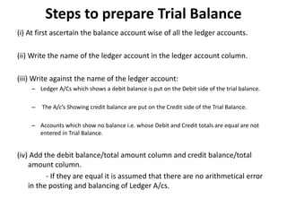 Steps to prepare Trial Balance
(i) At first ascertain the balance account wise of all the ledger accounts.
(ii) Write the name of the ledger account in the ledger account column.
(iii) Write against the name of the ledger account:
– Ledger A/Cs which shows a debit balance is put on the Debit side of the trial balance.
– The A/c’s Showing credit balance are put on the Credit side of the Trial Balance.
– Accounts which show no balance i.e. whose Debit and Credit totals are equal are not
entered in Trial Balance.
(iv) Add the debit balance/total amount column and credit balance/total
amount column.
- If they are equal it is assumed that there are no arithmetical error
in the posting and balancing of Ledger A/cs.
 