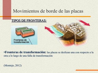 TIPOS DE FRONTERAS:
•Fronteras de transformación: las placas se deslizan una con respecto a la
otra a lo largo de una falla de transformación
(Montejo, 2012)
Movimientos de borde de las placas
 