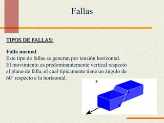 TIPOS DE FALLAS:
Falla normal.
Este tipo de fallas se generan por tensión horizontal.
El movimiento es predominantemente vertical respecto
al plano de falla, el cual típicamente tiene un ángulo de
60º respecto a la horizontal.
Fallas
 