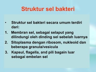 Struktur sel bakteri
• Struktur sel bakteri secara umum terdiri
dari:
1. Membran sel, sebagai selaput yang
dilindungi oleh dinding sel sebelah luarnya
2. Sitoplasma dengan ribosom, nukleoid dan
beberapa granula/vesicula
3. Kapsul, flagella, and pili bagain luar
sebagai embelan sel
 