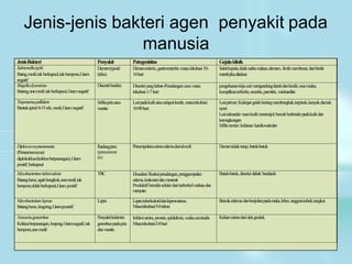 Jenis-jenis bakteri agen penyakit pada
manusia
JenisBakteri Penyakit Patogenisitas Gejalaklinik
Salmonellatyphi
Batng,motil,takberkapsul,takberspora,Gram
negatif
Demamtypoid
(tifus)
Demamenteric,gastroenteritis:masainkubasi10-
14hari
Sakitkepala,tidaknafsumakan,demam,limfamembesar,danbintik
merahjikaditekan
Shigelladysentriae
Batang,nonmotil,takberkapsul,Gramnegatif
Disentribasiler; Disentriyanghebat--Peradanganusus:masa
inkubasi1-7hari
pengeluarantinjacairmengandungdarahdanlendir,rasamulas,
komplikasiarthritis,neuritis,parotitis, miokarditis
Treponemapallidum
Bentukspiral8-15ulir,motil,Gramnegatif
Sifilis:priaatau
wanita
Lesipadakulitatauselaputlendir,masainkubasi
10-90hari
Lesiprimer:Kelenjargetahbeningmembengkak,terpisah,kenyakdantak
nyeri
Lesisekunder:ruamkulitmenionjol,bercakberlenderpadakulitdan
kerongkongan
Sifilistersier:kelainan kardiovaskuler
Diplococcuspneumonia
(Peneumococcus)
diplokokkus(kokkusberpasangan),Gram
positif,berkapsul
Radangparu
(pneumon
ia)
Penumpukancairanedemadarialveoli Demamtidaktetap,batuk-batuk
Mycobacteriumtuberculosis
Batanglurus,agakbengkok,nonmotil,tak
berspora,tidakberkapsul,Grampositif
TBC Eksudasi:Reaksiperadangan,penggumpalan
edema,leukosistdan monosit
Produktif:bersifatselulerdariturberkelmeluasdan
menyatu
Batuk-batuk,disertaidahak berdarah
Mycobacteriumleprae
Batanglurus,langsing,Gramposistif
Lepra Lepratuberkuloiddanlepromatosa
Masainkubasi:5-8tahun
Bercakeritemadanbenjolanpadamuka,leher,anggotatubuh,tungkai
Neisseriagonorrhoe
Kokkusberpasangan,lonjong,Gramnegatif,tak
berspora,nonmotil
Penyakitkelamin:
gonorhoepadapria
danwanita
Infeksiuretra,prostat,epididimis,vesikaseminalis
Masainkubasi:2-8hari
Keluarcairandarialatgenital,
 
