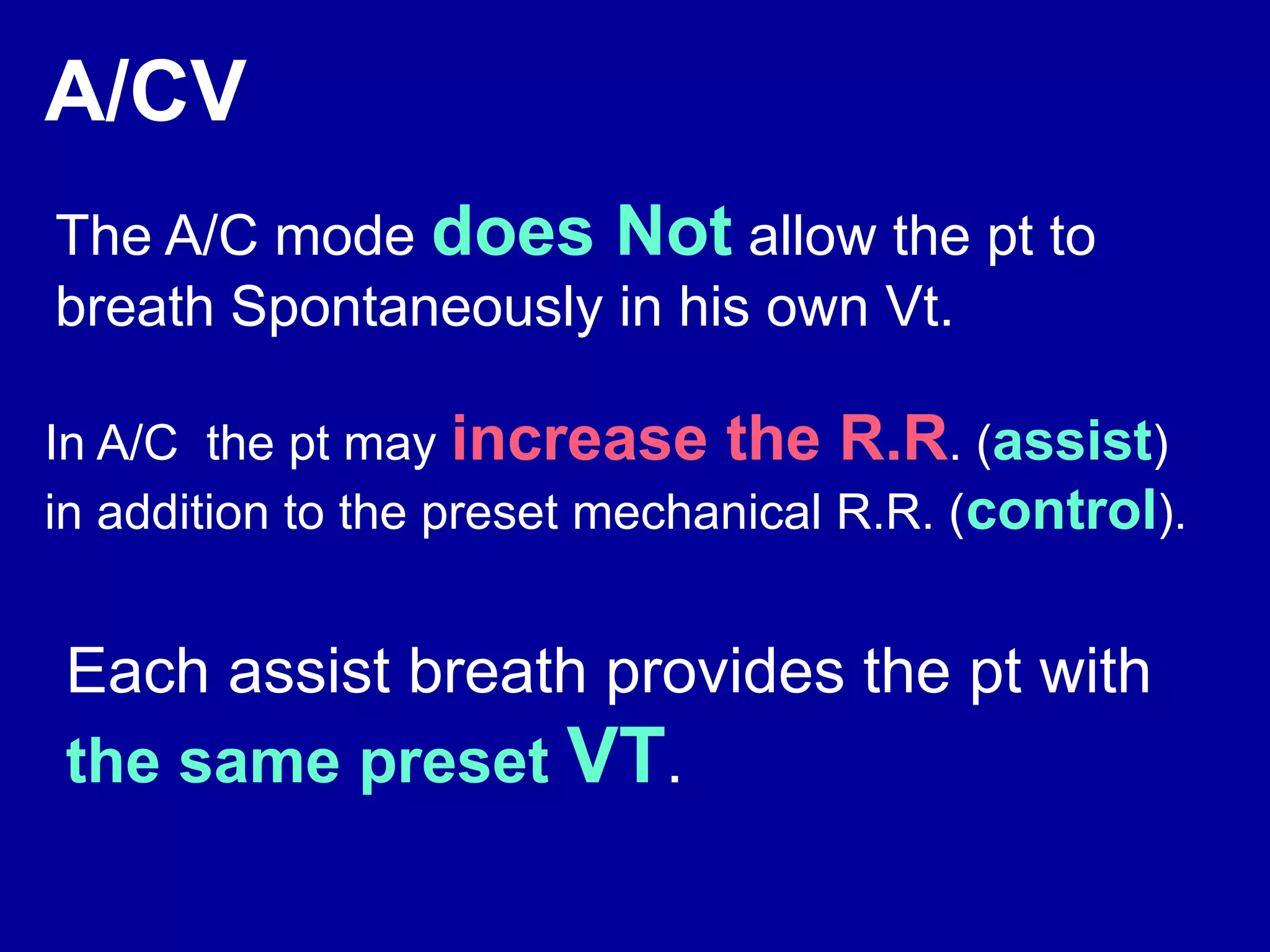 The A/C mode does Not allow the pt to
breath Spontaneously in his own Vt.
In A/C the pt may increase the R.R. (assist)
in addition to the preset mechanical R.R. (control).
Each assist breath provides the pt with
the same preset VT.
A/CV
 