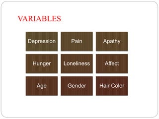 VARIABLES
Depression Pain Apathy
Hunger Loneliness Affect
Age Gender Hair Color
 