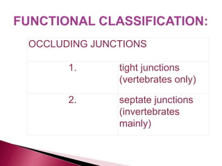 OCCLUDING JUNCTIONS
1. tight junctions
(vertebrates only)
2. septate junctions
(invertebrates
mainly)
 