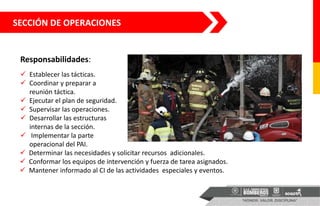 SECCIÓN DE OPERACIONES
Responsabilidades:
 Establecer las tácticas.
 Coordinar y preparar a
reunión táctica.
 Ejecutar el plan de seguridad.
 Supervisar las operaciones.
 Desarrollar las estructuras
internas de la sección.
 Implementar la parte
operacional del PAI.
 Determinar las necesidades y solicitar recursos adicionales.
 Conformar los equipos de intervención y fuerza de tarea asignados.
 Mantener informado al CI de las actividades especiales y eventos.
 