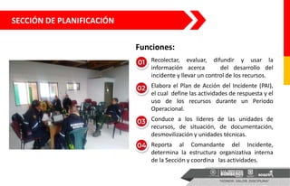 SECCIÓN DE PLANIFICACIÓN
1. Recolectar, evaluar, difundir y usar la
información acerca del desarrollo del
incidente y llevar un control de los recursos.
2. Elabora el Plan de Acción del Incidente (PAI),
el cual define las actividades de respuesta y el
uso de los recursos durante un Periodo
Operacional.
3. Conduce a los líderes de las unidades de
recursos, de situación, de documentación,
desmovilización y unidades técnicas.
4. Reporta al Comandante del Incidente,
determina la estructura organizativa interna
de la Sección y coordina las actividades.
Funciones:
 