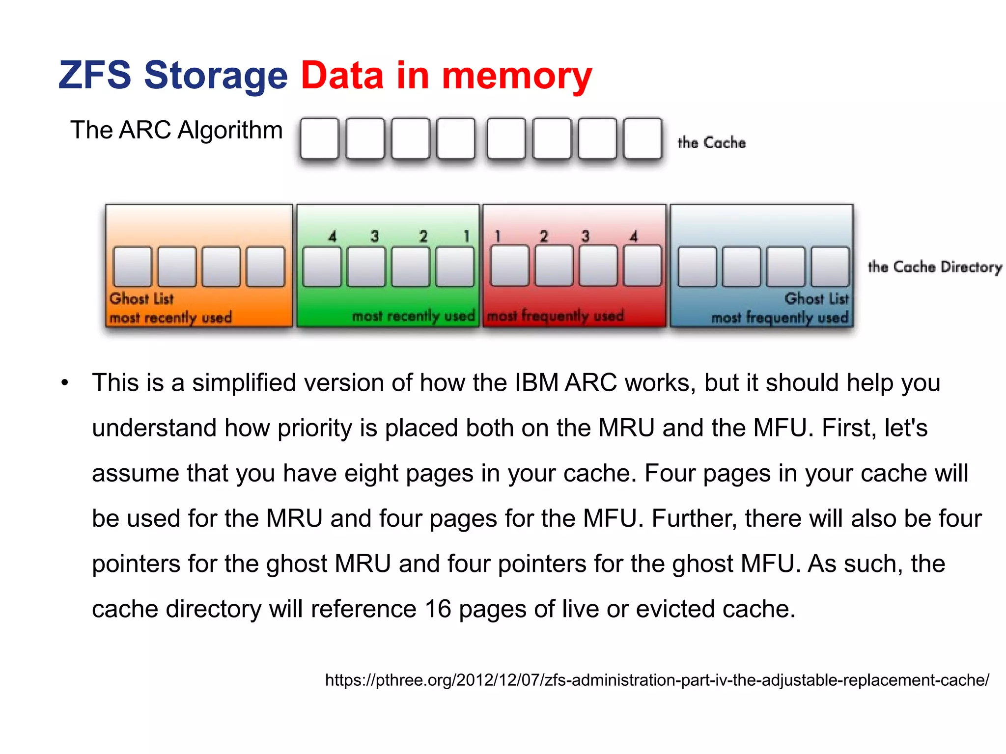 ZFS Storage Data in memory
https://pthree.org/2012/12/07/zfs-administration-part-iv-the-adjustable-replacement-cache/
• This is a simplified version of how the IBM ARC works, but it should help you
understand how priority is placed both on the MRU and the MFU. First, let's
assume that you have eight pages in your cache. Four pages in your cache will
be used for the MRU and four pages for the MFU. Further, there will also be four
pointers for the ghost MRU and four pointers for the ghost MFU. As such, the
cache directory will reference 16 pages of live or evicted cache.
The ARC Algorithm
 