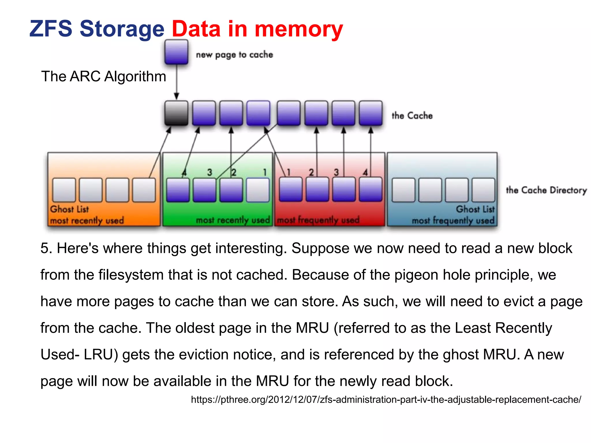 ZFS Storage Data in memory
https://pthree.org/2012/12/07/zfs-administration-part-iv-the-adjustable-replacement-cache/
5. Here's where things get interesting. Suppose we now need to read a new block
from the filesystem that is not cached. Because of the pigeon hole principle, we
have more pages to cache than we can store. As such, we will need to evict a page
from the cache. The oldest page in the MRU (referred to as the Least Recently
Used- LRU) gets the eviction notice, and is referenced by the ghost MRU. A new
page will now be available in the MRU for the newly read block.
The ARC Algorithm
 