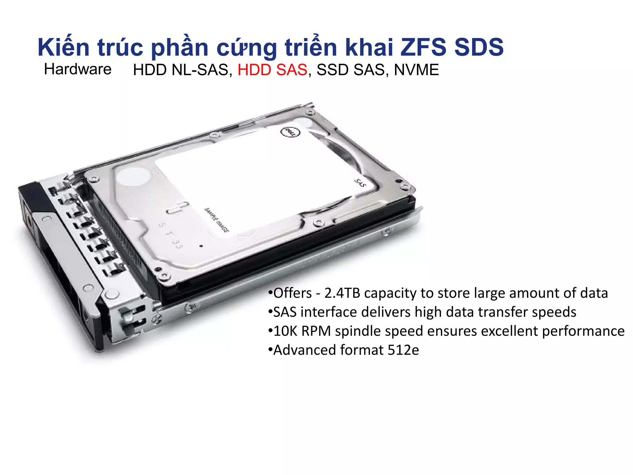 Kiến trúc phần cứng triển khai ZFS SDS
Hardware HDD NL-SAS, HDD SAS, SSD SAS, NVME
•Offers - 2.4TB capacity to store large amount of data
•SAS interface delivers high data transfer speeds
•10K RPM spindle speed ensures excellent performance
•Advanced format 512e
 