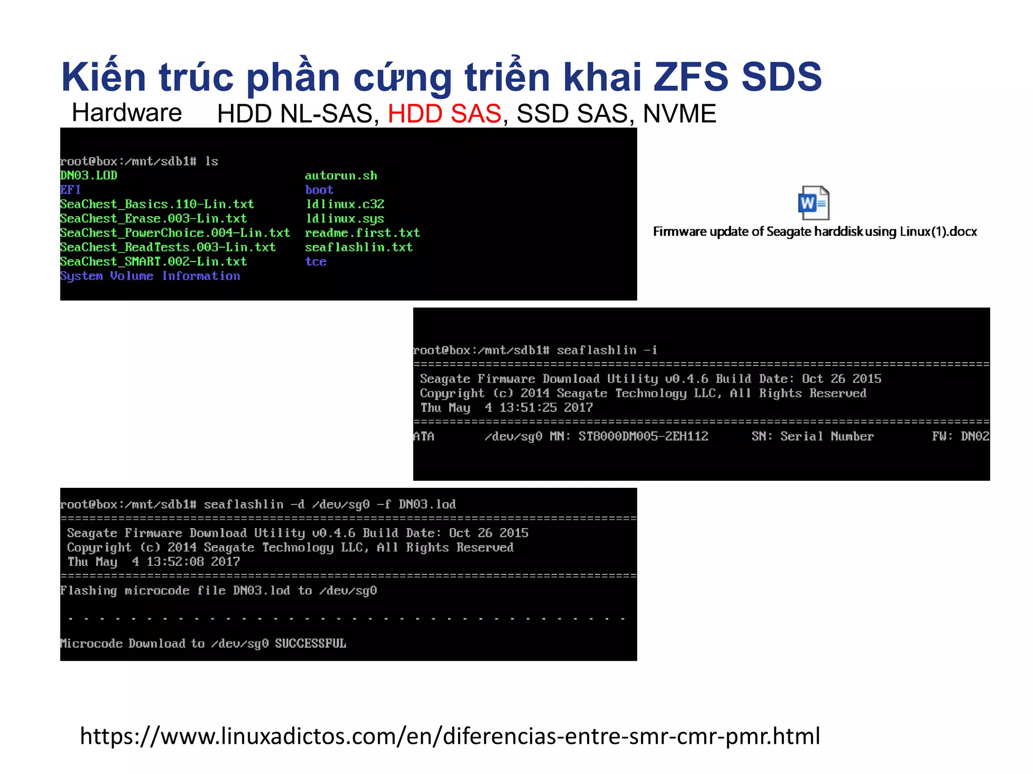 Kiến trúc phần cứng triển khai ZFS SDS
Hardware HDD NL-SAS, HDD SAS, SSD SAS, NVME
https://www.linuxadictos.com/en/diferencias-entre-smr-cmr-pmr.html
 