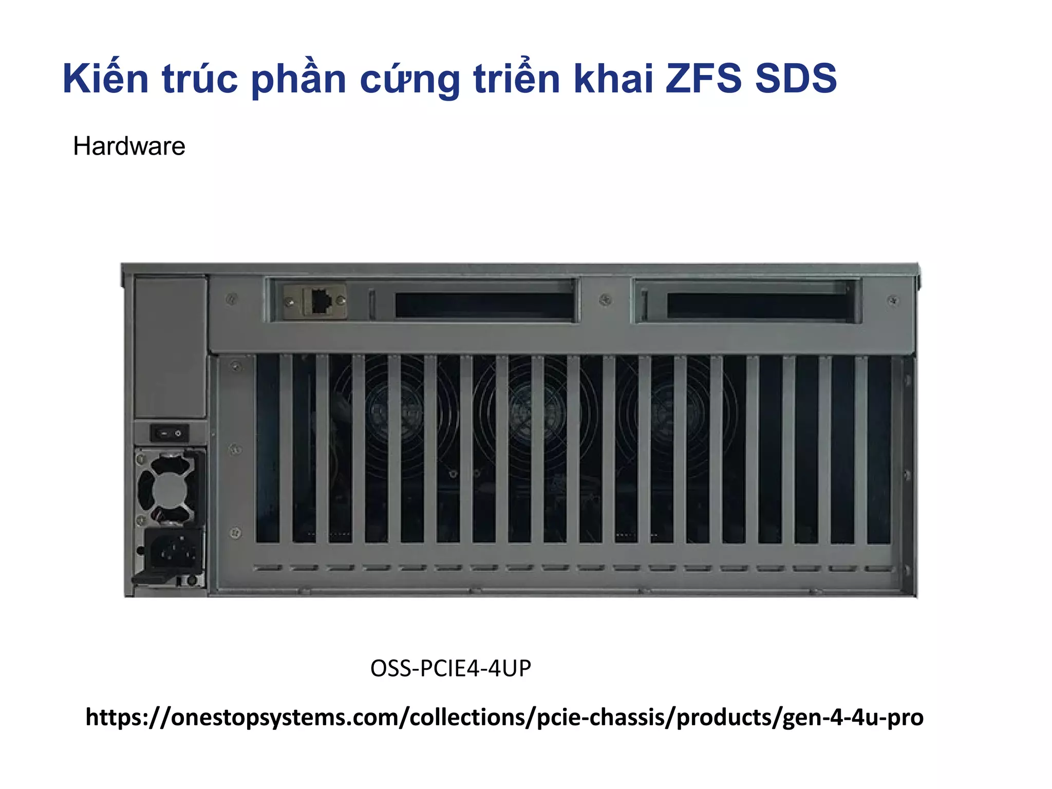 Kiến trúc phần cứng triển khai ZFS SDS
Hardware
https://onestopsystems.com/collections/pcie-chassis/products/gen-4-4u-pro
OSS-PCIE4-4UP
 