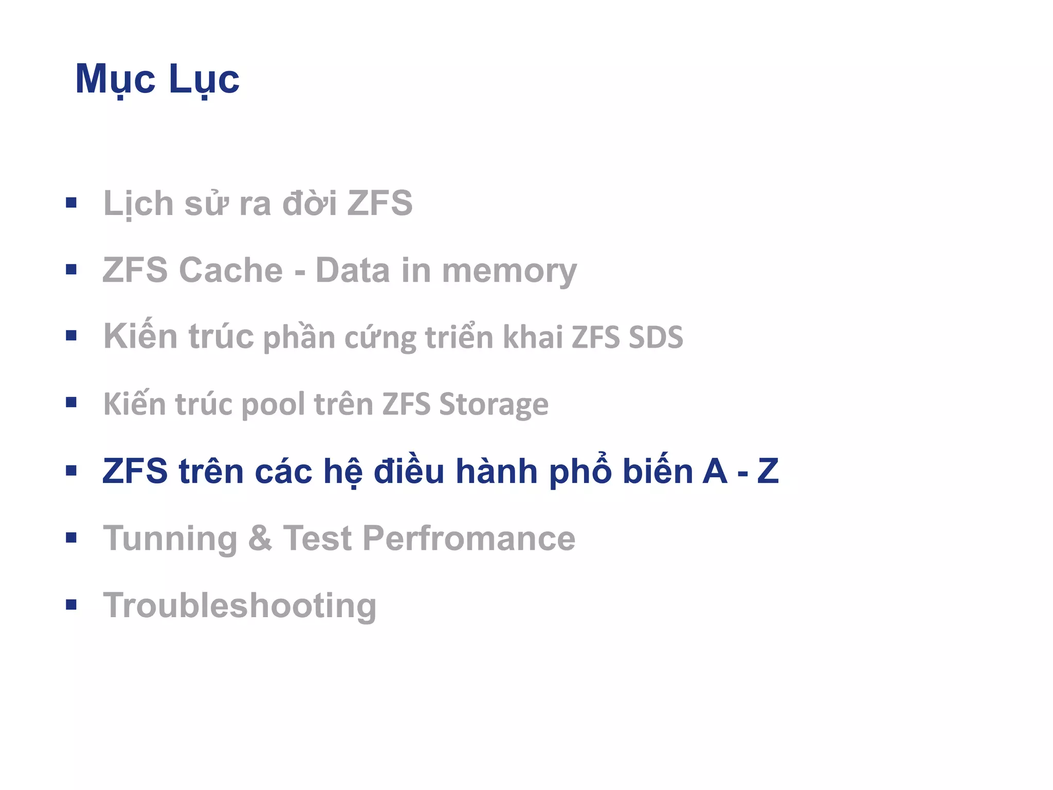 Mục Lục
▪ Lịch sử ra đời ZFS
▪ ZFS Cache - Data in memory
▪ Kiến trúc phần cứng triển khai ZFS SDS
▪ Kiến trúc pool trên ZFS Storage
▪ ZFS trên các hệ điều hành phổ biến A - Z
▪ Tunning & Test Perfromance
▪ Troubleshooting
 